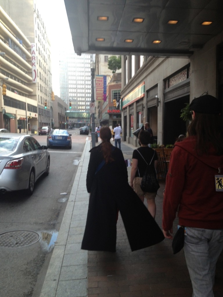 Susan, Nyomi and Ryuu on the way to DinnerCon, which was held at a little Indian place on 6th. One of the few restaraunts open Sunday evening.