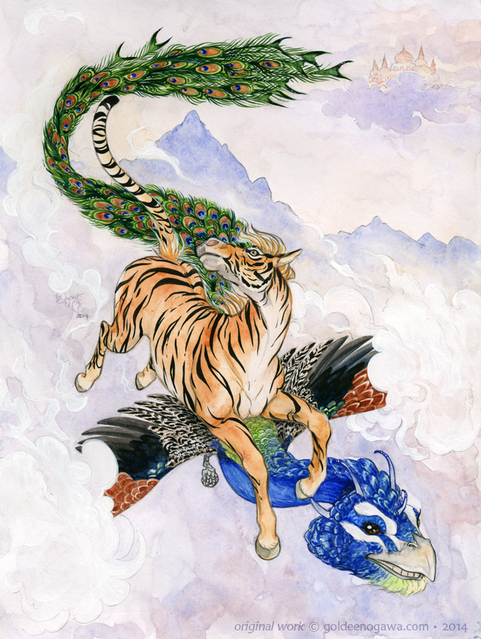 Vasti and Kindra Escape from the Celestial Palace -- watercolor and white ink on 12"x9" bristol board, 2014