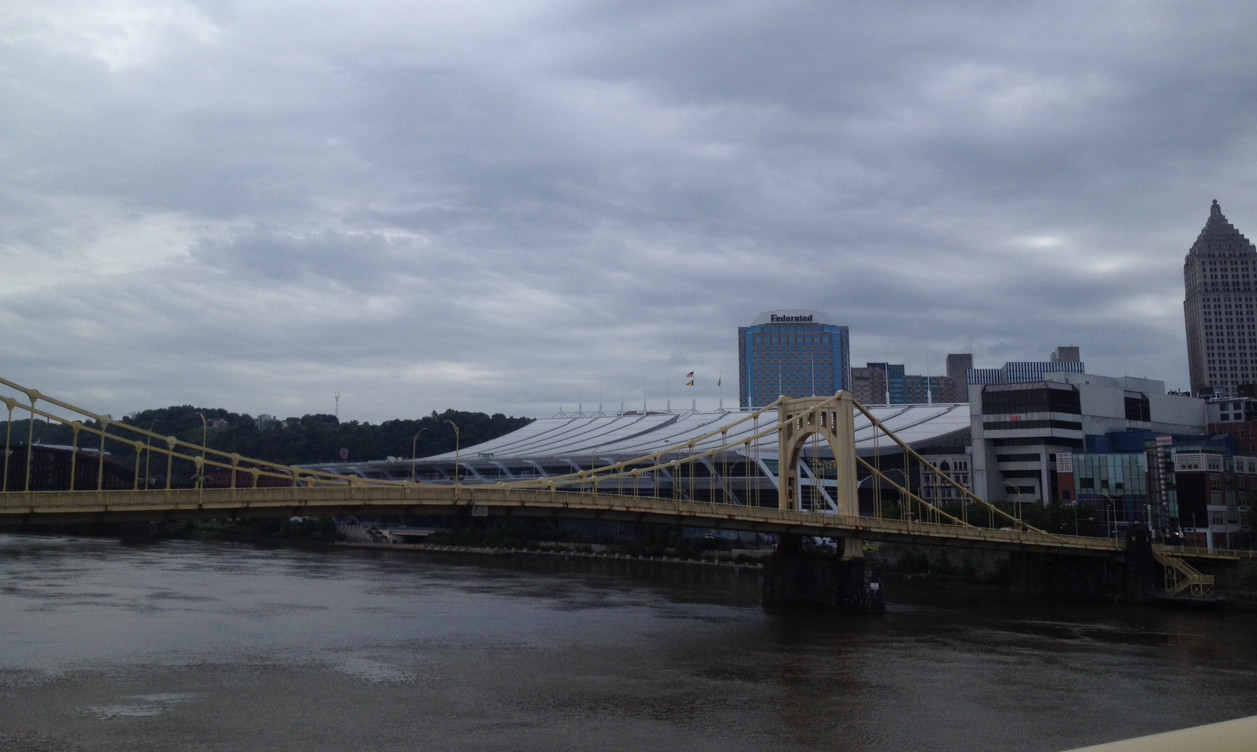 View of the David L Lawrence Convention Center (with tiny AnthroCon flag), and the adjoining Westin hotel. Rachel Carson bridge is in foreground. Taken from the Andy Warhol Bridge.