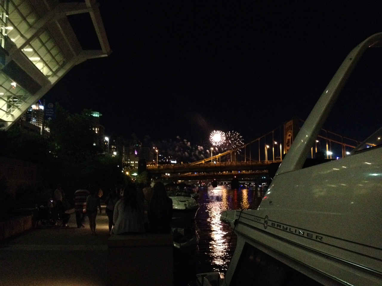 Fireworks over Confluence Point Park, 4th of July, as seen from the docks by the DLLCC on the Allegheny river.