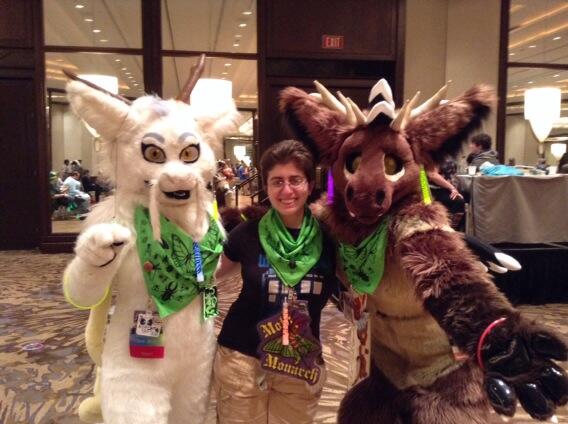 Left to right: Susan as Rin the Dragon, Mary Capaldi, and myself as Tachyon the Elk Angel Dragon. The bandanas were made after a design by Mary.