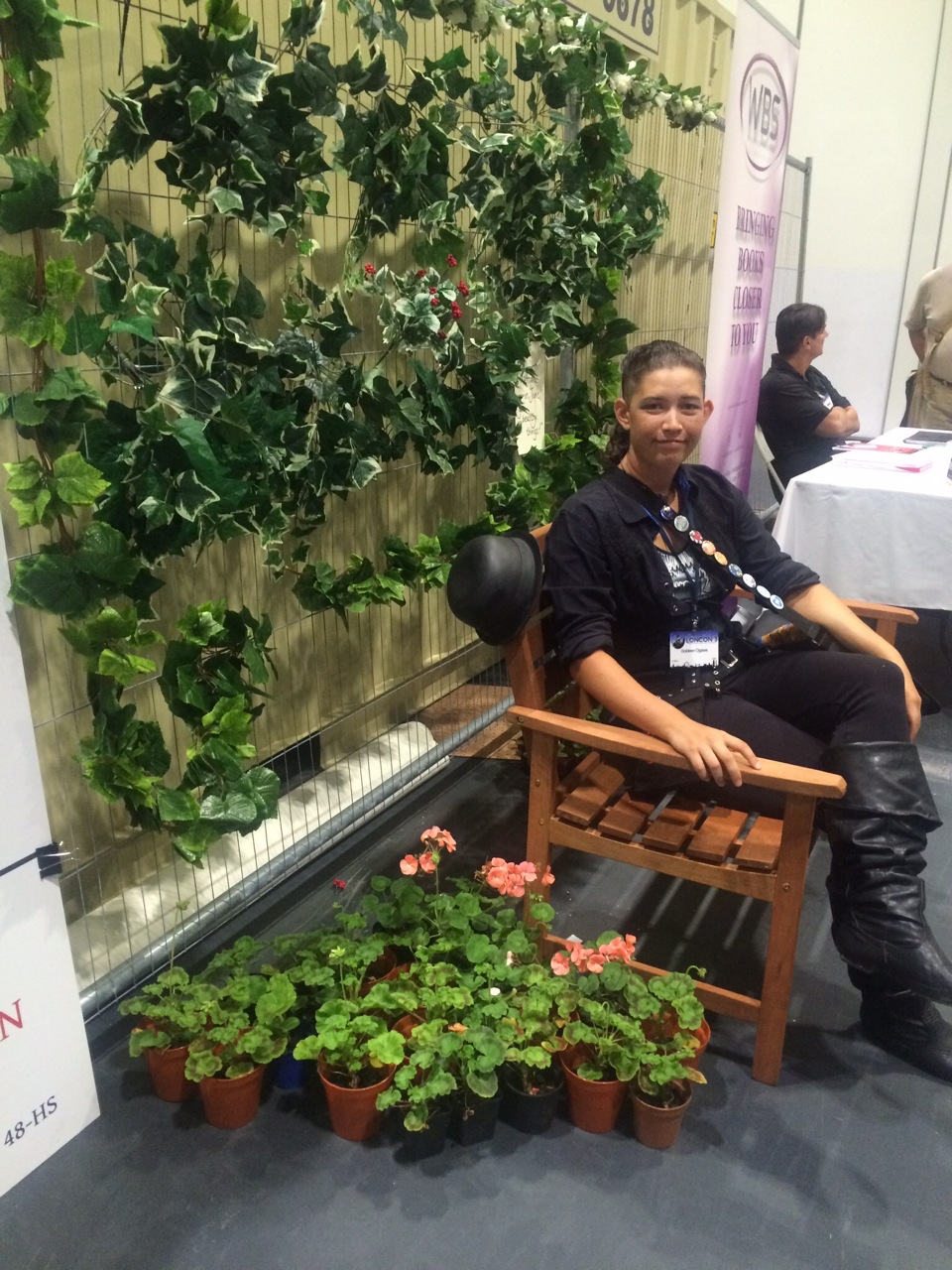 The author resting on the Diana Wynne Jones bench. Photo by the WM.
